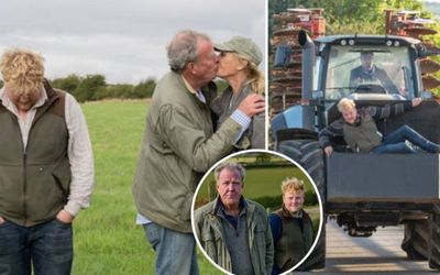 Jeremy Clarkson kisses his Girlfriend Lisa Hogan as farmhand Kaleb Cooper